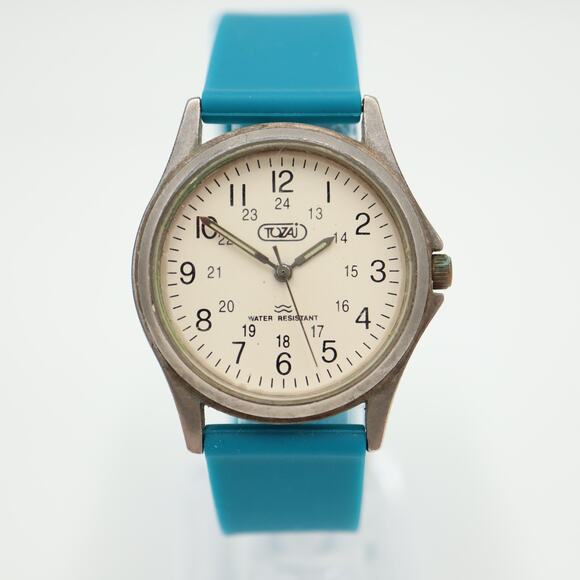 Vintage Tozai Unisex Watch 33mm Round Dial Blue Silicone Strap with New Battery - Picture 5 of 16